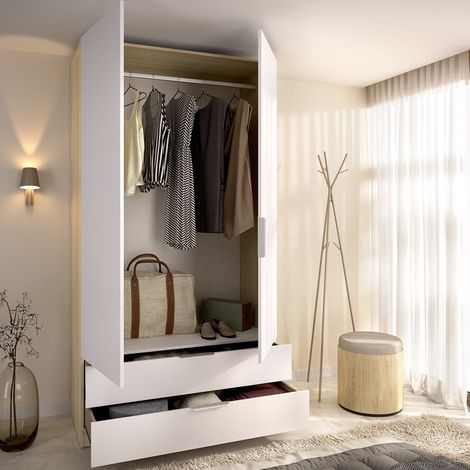 Armario Montclare de 2 Puertas, Ropero Dormitorio, Perchero, 2 Cajones, un Estante, 51x204h cm Blanco (1/5)