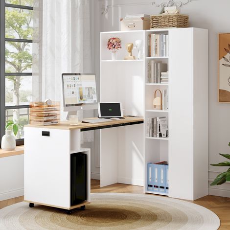 Bureau pliant avec étagères – Bureau et bibliothèque 2 en 1, pliable, avec prise électrique et port USB, étagères réglables en hauteur, dispositif anti-basculement, bureau blanc, bureau d'angle – droi (1/5)