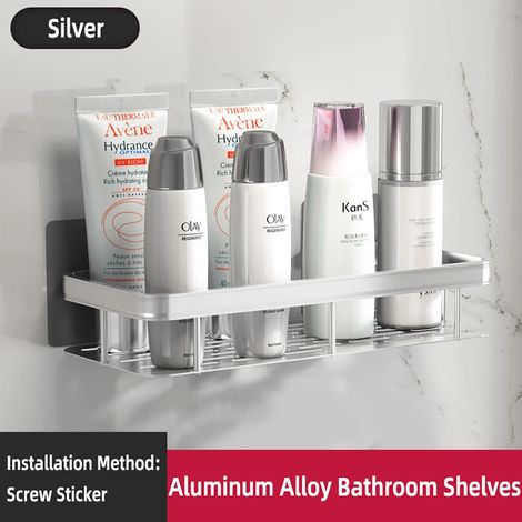 (Silver-B-1PCS) Étagère murale rectangulaire pour salle de bain, porte-serviettes, porte-shampoing mural, support trépied sans perçage. (1/5)