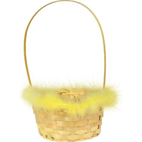 Elegante cestino pasquale giallo con fiocco e bordo di piume, 20 cm