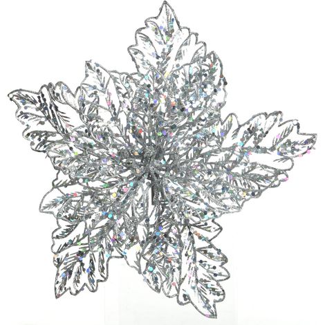 1 POINSETTIA APPENDIBILE CON CLIPS 23.5 X 10 CM CON GLITTER ARGENTO NATALE