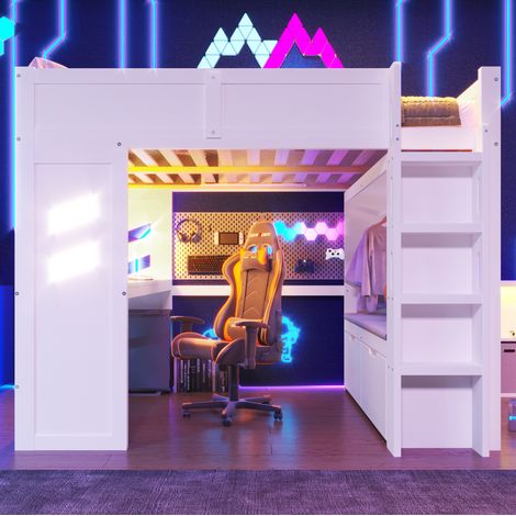 Lit mezzanine 140 x 200 cm en pin blanc avec bureau, LED et rangements (1/5)