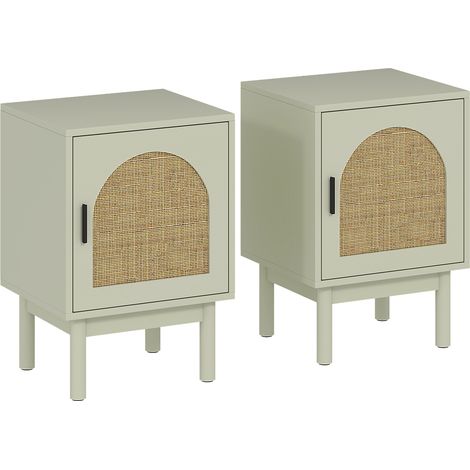 Lot de 2 tables de chevet - 40 x 35 x 58 cm, vert clair - Table de nuit avec porte en résine tressée et étagère réglable - Pour chambre - Design naturel (1/5)