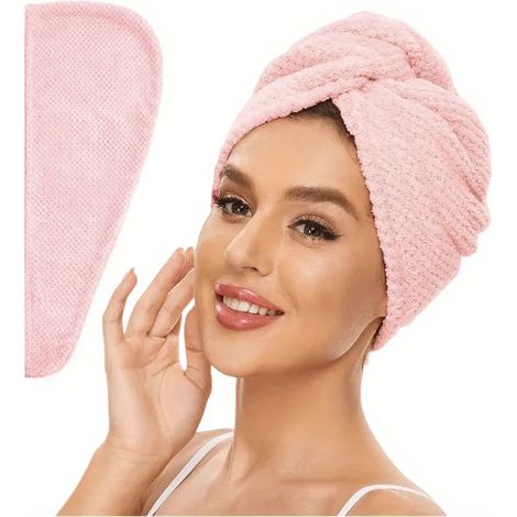 (Rose clair, 25 cm x 65 cm) Serviette absorbante unie pour femme, idéale pour sécher les cheveux, avec châle à boutons. (1/5)
