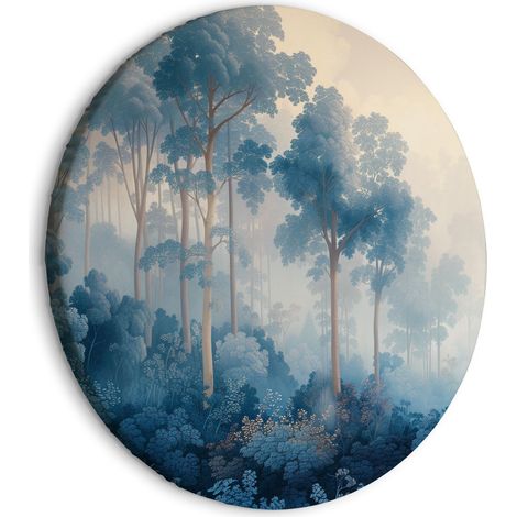 Tableau rond - Paysage arboré dans un style illustratif d'une forêt bleue féerique / Un bosquet aux nuances de bleu brumeuses (1/4)