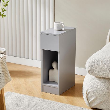Slim Solid Wooden Bedside Table, Small Narrow Side End Table, Modern Narrow Bedroom Nightstand with Open Shelf and Drawer for Bedroom, Living Room Ava  GREY