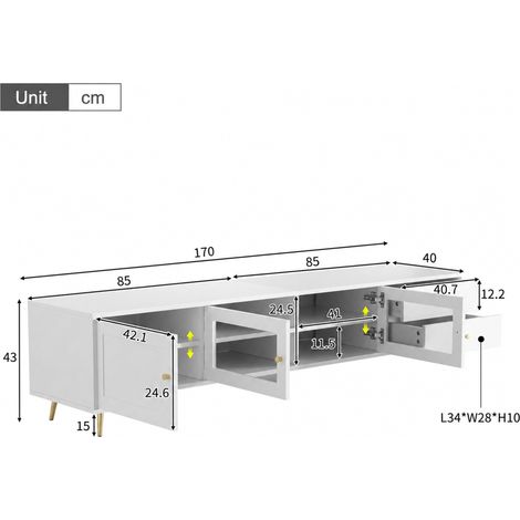 Meuble TV bas moderne avec 2 tiroirs, 2 portes vitrées et 1 porte d'armoire, meuble TV offrant un grand espace de rangement, étagères réglables et poignées en métal, blanc, 170×40×43 cm (1/5)