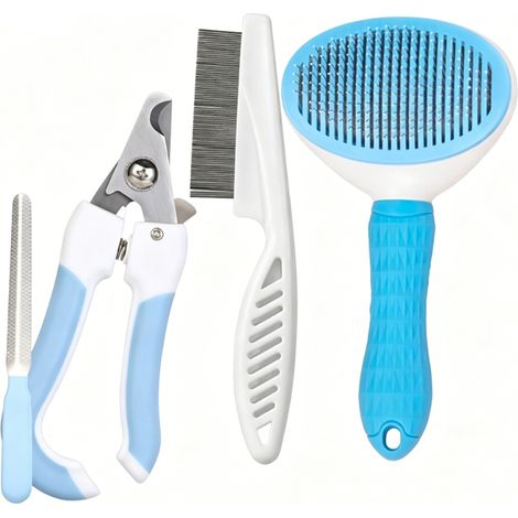 Kit de toilettage pour chat et chien, 4 en 1 : peigne bleu auto-nettoyant, coupe-ongles, lime et peigne anti-puces (1/5)