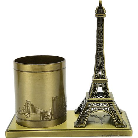 Porte-stylo en forme de tour, en métal, style vintage, décoratif, idéal pour un bureau ou une chambre.