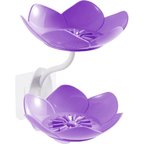 Porte-savon double mural sans perçage, en forme de fleur, avec bac de récupération pour savonnettes de salle de bain et douche. Fixation murale sans perçage. (1/5)