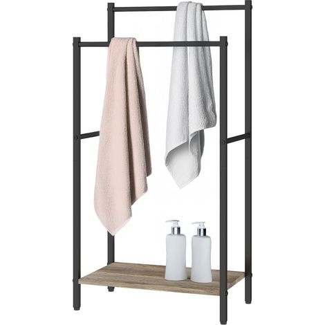 Relaxdays Handtuchständer mit Ablage, HxBxT: 81,5x42x24 cm, Holzoptik, 2 Stangen, Handtuchhalter stehend, natur/schwarz