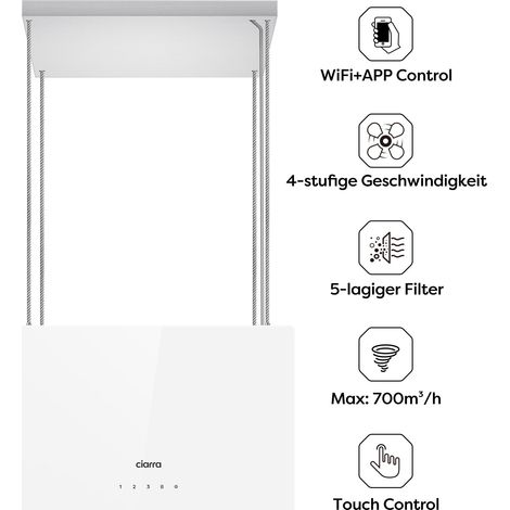 CIARRA CD4850S 700 m3/h A+++ Dunstabzugshaube 48cm Inselhaube Booster WIFI- APP Touch-Steuerung Wi-Fi App Insel Freihangend Umluft Weiß