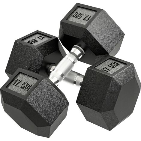 HOMCOM juego de mancuernas hexagonales, 2 x 17,5 kg, de hierro fundido, recubiertas de goma con barras de conexión para casa, gimnasio, negro (1/5)