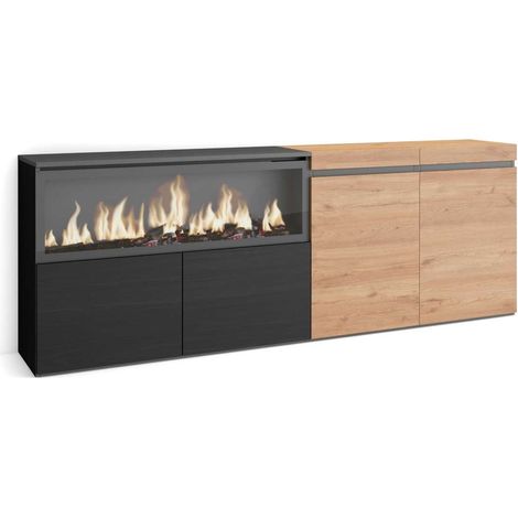 Aparador Cártama-01 de 208x35x75 cm con 4 puertas, chimenea eléctrica XXL, color roble y negro (1/4)