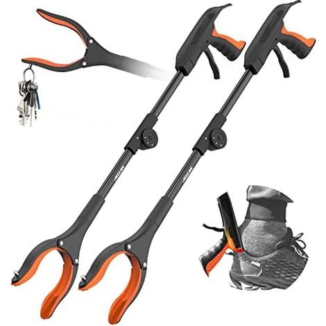 Lot de 2 Pince préhension Pliable 81,3 cm avec Embout magnétique Solide et Chausse-Pied, Outil d'aide pour ramasser Les ordures, déchets, Extension Bras (Orange) Orange - (1/5)