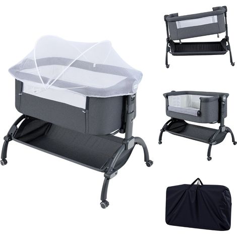 Lit bebe reglable avec roulettes gris