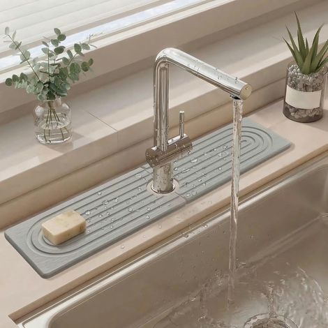 Pierre absorbant l'eau pour évier, tapis d'égouttoir en pierre, tapis de robinet en pierre, pour cuisine et salle de bain (gris clair, 40 x 10 cm) (1/5)