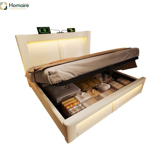 Cadre de lit beige en velours avec rangement et port USB 217 x 183 x 107 cm HOMAIRE (1/5)