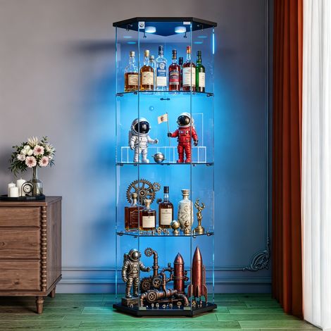 JOOKGBD-Vetrina d’angolo in Vetro con LED, Vetrina da Collezione, Armadio Vetrina per Collezione con 1 Anta e 4 Ripiani Trasparenti, Mobile in Vetro, Nero