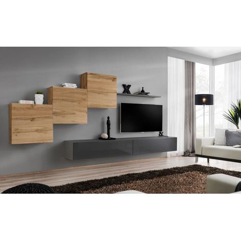 Ensemble mural - Switch X - 3 vitrines carrées - 2 bancs TV - 1 étagère - Bois et graphite - Modèle 1 - Livraison gratuite