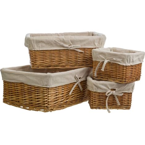 Set 4 cestos de mimbre marrón forrados