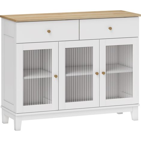 Credenza Cucina Mobile Buffet Ante in Vetro 100x35x80.3cm Bianco e Rovere (1/5)