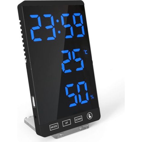 Horloge à miroir LED thermomètre et hygromètre réveil météo électronique en noir et bleu (1/5)