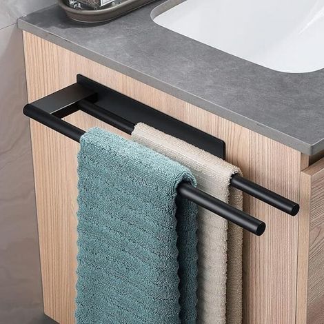 Porte-Serviettes sans Perçage en Acier Inoxydable Double Porte-Serviettes Auto-Adhésif à Deux Bras Invité Porte-Serviettes Mural pour Salle de Bain Cuisine Noir (1/4)