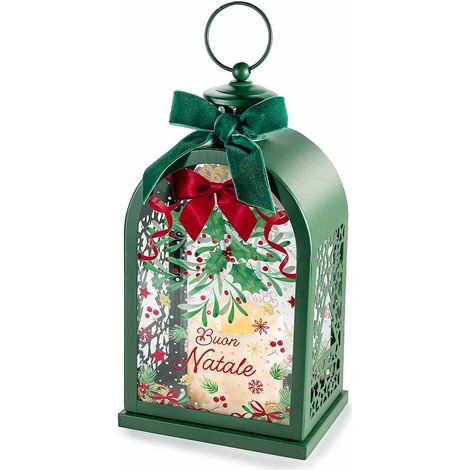 Lanterne di Natale in metallo con stampa tematica, candela a LED con fiamma in movimento e fiocco in velluto, cm15x11x27,5H (con gancio31)