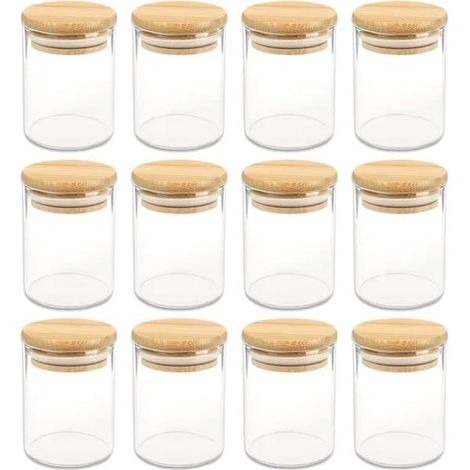 Pots à épices ronds de 120 ml, 7,5 x 5,5 cm, couvercle en bambou, avec étiquette, disponibles en paquets de 6, 12 ou 24 pots de rangement, paquet de 12. (1/5)
