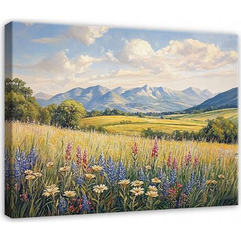 Peinture champ fleurs prairie paysage pour chambre salon cuisine sur toile 120x80 (1/3)