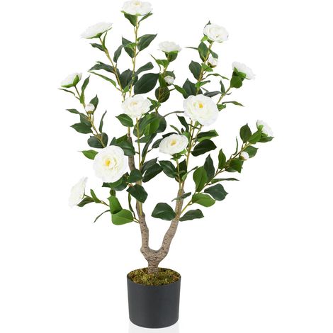 Albero di camelia artificiale 90 cm, Pianta di fiori artificiali in vaso da vivaio, Finto Albero in vaso, pianta floreale verde, bianco (1/5)
