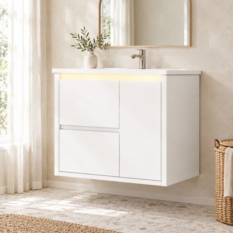 Mueble de baño con lavabo 61 x 46,5 x 57 cm, LED con sensor, blanco DESVIAE (1/5)