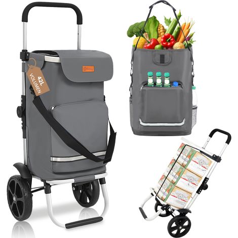 Sekey 3-in-1 Einkaufstrolley klappbar, Abnehmbare Tasche 42L, Alu Einkaufswagen mit Rollen, mit Kühlfach und Spanngurt, grau