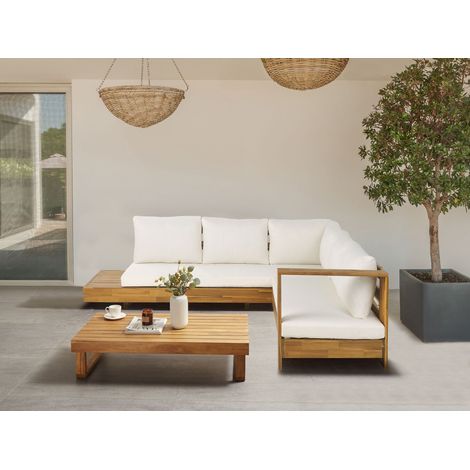 Conjunto de jardín con sofá y mesa de centro cojines madera de acacia certificada blanco izquierdo Marettimo (1/5)
