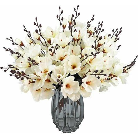 6PCS Bouquet de fleurs artificielles de magnolia en soie pour décoration de maison, de mariage, de maison, de fête, de jardin, de bureau (blanc) (1/5)