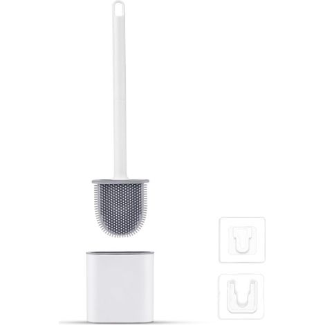 Brosse WC en silicone – Anti-goutte et antibactérienne – Séchage rapide – Support mural ou au sol – Poils en caoutchouc durables – Salle de bain blanche (1/5)