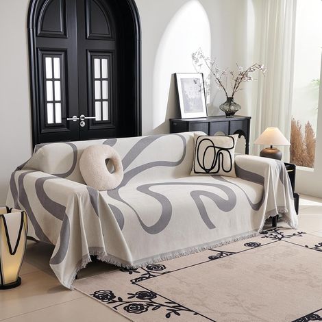 Housse de canapé Boho en jacquard 2/3/4 places, Housse de canapé en chenille avec glands décoratifs, Housse de canapé moderne extensible, 180 x 300 cm, Gris Curve (1/5)