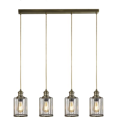 Searchlight Pipes - Lampada a sospensione a 4 barre in ottone antico, paralume in vetro, attacco E27 (1/4)