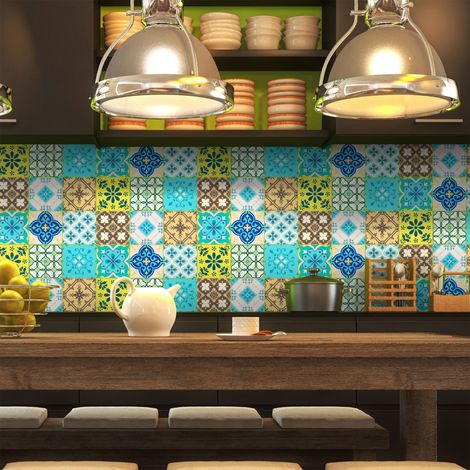 Stickers muraux - Sticker Mural Carrelage adhésif Cuisine Salle de Bain - 9 STICKERS CARREAUX DE CIMENT IBIZA - 9stickers20x20cm (1/5)