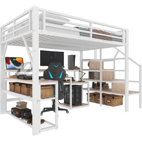 Letto A Soppalco 140 x 200 Cm Con Scrivania, USB, LED Regolabile E Scaffali, Senza Materasso, In Metallo, Bianco (1/5)