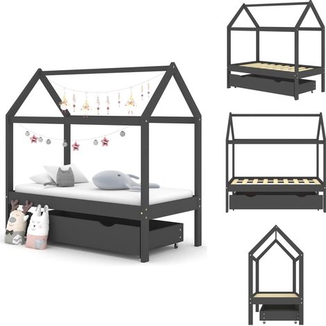 Kinderbett mit Schublade Dunkelgrau Massivholz Kiefer 70x140 cm - Holz Kinderbett - Kiefernholz Kinderbett - Kinderbett Mit Schublade - Jugendbett - Kinderzimmer Dekoration (1/5)