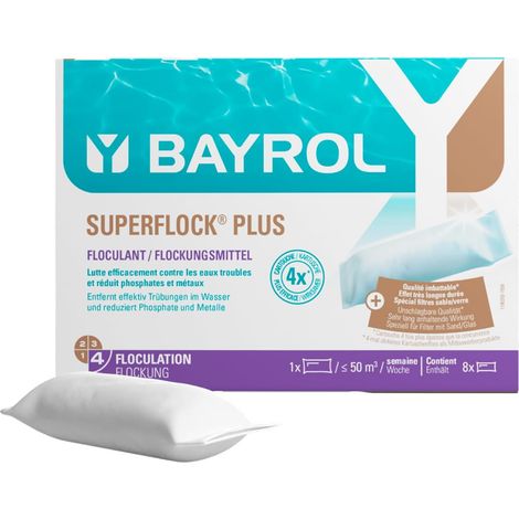 BAYROL Superflock Plus 1 kg - Floculant Piscine pour Filtre à Sable/Verre - Formule avec lanthane - Élimine Les Particules Fines, métaux & phosphates - Rend l‘Eau cristalline (1/5)