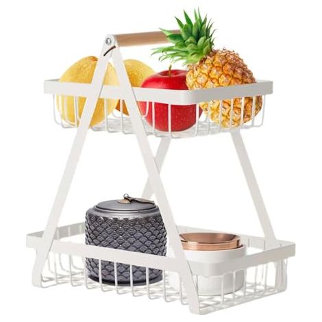 Corbeille à Fruits à 2 étages, Corbeille à Légumes Pour Comptoir De Cuisine Panier De Rangement En Fil Métallique Support De Fruits Détachable Porte-Fruits Support Pour Bol Avec Manche(Blanc) (1/4)