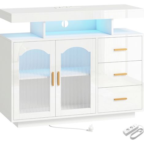 Buffet blanc laqué avec éclairage LED RGB, prises intégrées, 3 tiroirs, étagères et portes en acrylique (1/5)