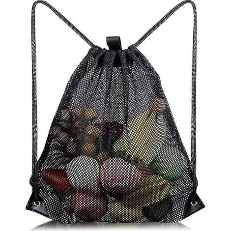 Sac à dos en filet à cordon, sac en filet noir robuste pour la plage, la salle de sport, le shopping, la natation, les activités de plein air (noir, taille unique) (1/5)
