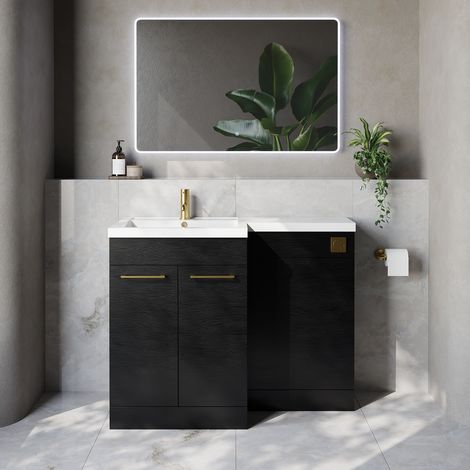Napoli 460 Nero Oak 1100mm 2 Door Vanity Unit Toilet Suite with Left Hand Square Lucia Basin - 1100mm - Brushed Brass 160mm HandleWithout Kingston Toilet Pan