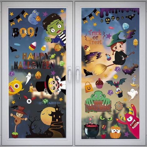 &x1f383【Ensemble de Valeur】Un total de 9 pièces 170 autocollants de fenêtre Halloween avec des motifs de couleurs différentes, chaque taille 30 x 20 cm. Les grands et petits autocollants sont assortis (1/4)