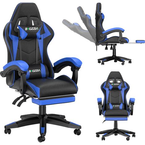 Vedio Gaming Chair with footrest, BIGZZIA Gamer Chairs with Lumbar Cushion + Headrest, black and blue
