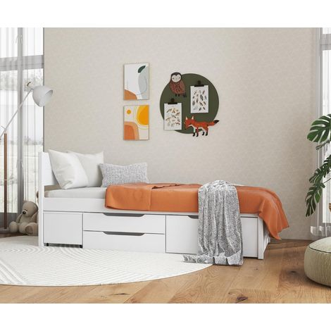 Letto Singolo 90x200 cm in Legno Bianco Cassetti Comodino Estraibili (1/5)